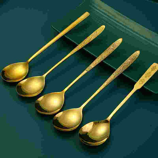 黄铜勺子家用汤匙加厚实心纯手工长柄饭勺纯铜调羹补铜餐具吃饭勺