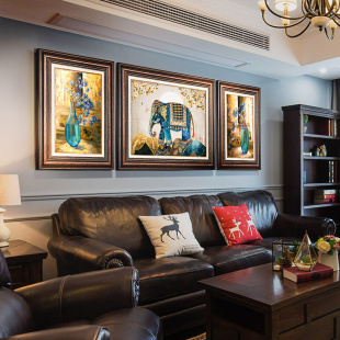 三联画 复古大气新中式 装 美式 饰画客厅沙发背景墙挂画大象鹿画欧式