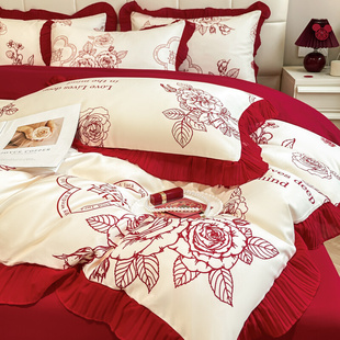 中式 婚庆大红色喜庆四件套水洗棉高档床单被套喜被结婚房床上 推荐