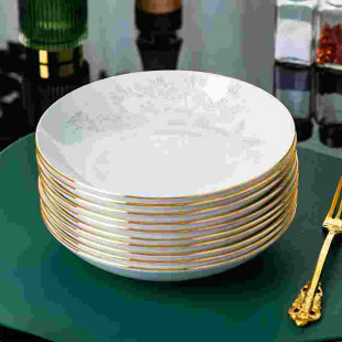 骨瓷盘子菜盘家用10只装 饭盘深盘菜碟子中式 金边陶瓷套装 圆形