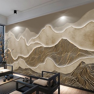 新中式 电视背景墙壁纸抽象轻奢山脉浮雕山水墙纸客厅沙发墙布壁画