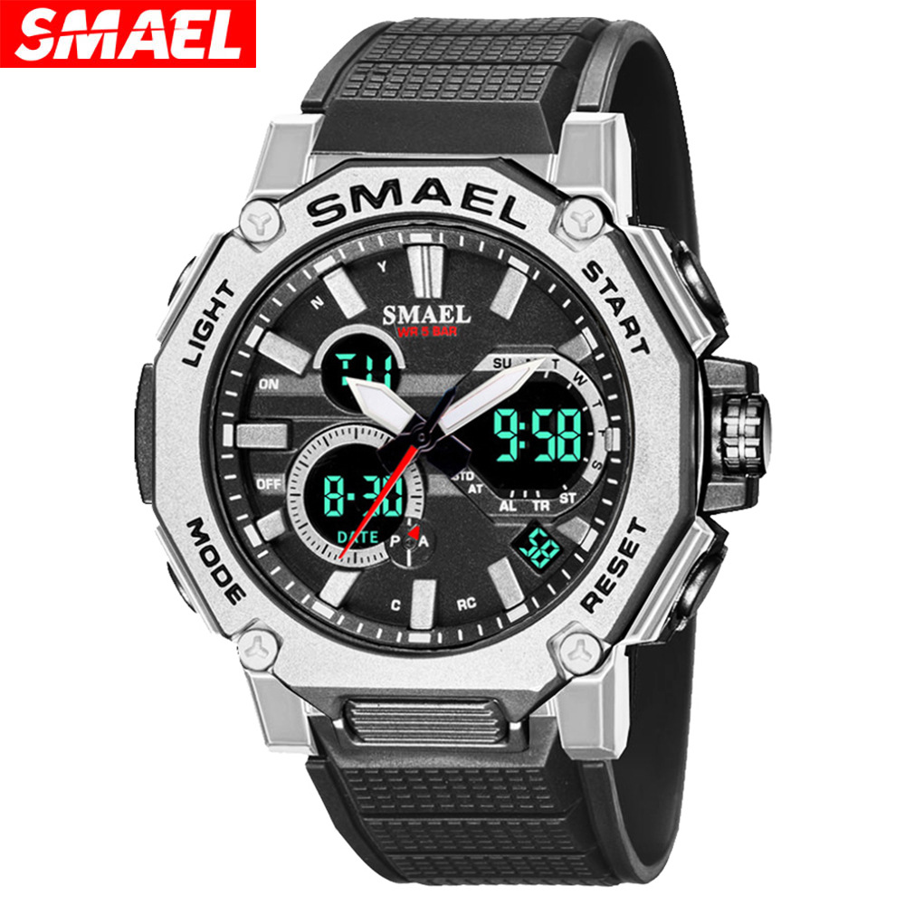 轻奢品牌SMAEL斯麦尔休闲合金手表双显闹铃夜光防水多功能运动表