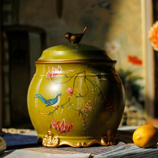 可插花花器带盖储物不密封米桶美式 创意陶瓷米缸大容量工艺品