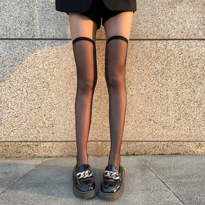 JK黑丝过膝袜夏季 性感辣妹长筒大腿袜丝袜黑色透明中筒袜子 超薄款