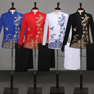 青花瓷合唱服中国风中山装 大合唱演出服男装 歌手主持人套装 新品
