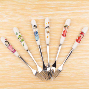 韩国可爱创意餐具套装 便携陶瓷不锈钢咖啡勺蛋糕勺子水果叉子筷子