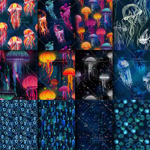 梦幻海底彩色水母包装 印花海报背景无缝平铺图案JPG图片设计素材