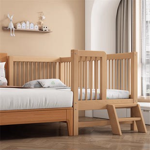 榉木儿童床拼接大m床带护栏床边加宽宝宝婴儿床男孩实木小床