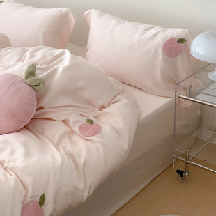 夏季 粉色桃子刺绣四件套双面天丝床上用品丝滑凉爽冰丝床单被套