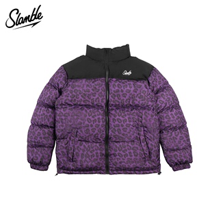 SLAMBLE冬季 新款 美式 拼色豹纹图案棉衣立领男女休闲保暖外套潮流