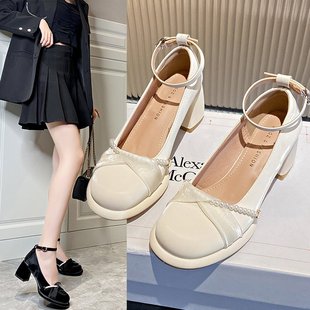 女粗跟高跟鞋 拼色单鞋 时尚 法式 女夏仙女风2023年新款 包头凉鞋 韩版