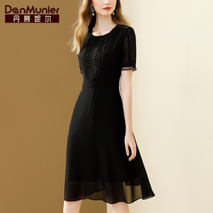 丹慕妮尔法式 黑色雪纺连衣裙女夏季 新款 钉珠收腰气质中长裙子