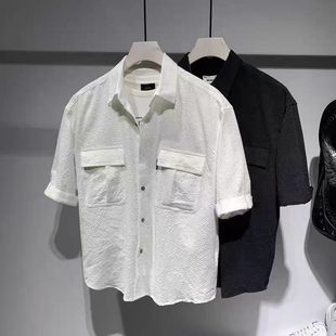 五分半袖 薄款 港风衬衫 大口袋衬衣潮流夏季 韩版 男短袖 纯色工装 日系