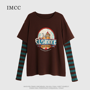 IMCC设计感小众假两件拼接条纹印花长袖 T恤女冬宽松减龄洋气上衣