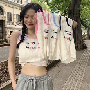 新款 韩版 2021夏季 修身 显瘦针织上衣女 泫雅风彩色字母背心吊带短款