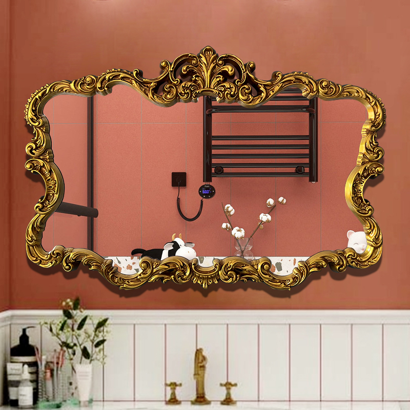 卫生间镜子轻奢浴室镜化妆镜壁挂卫浴镜雕花梳妆镜子横款 异形 欧式