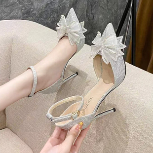 主婚纱鞋 日常可穿细跟2022年新款 水晶婚鞋 女春季 配礼服银色高跟鞋