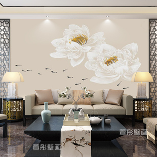 新中式 电视背景墙壁纸定制壁画中国风客厅卧室墙布古风荷花墙纸