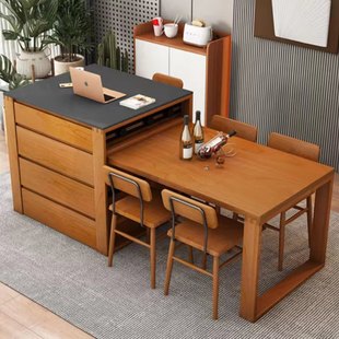 新款 北欧樱桃木岛台可伸缩实木餐桌岩板面吧台一体柜多功能饭桌简