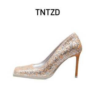 2022年闪金橙色方头双色格利特羊皮细跟高跟鞋 璀璨定格系列 TNTZD