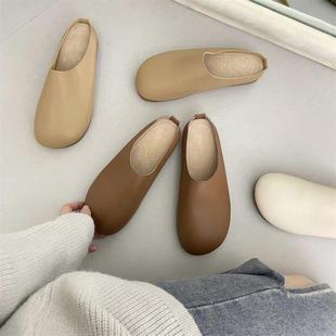 韩国时尚 包头半拖鞋 女外穿平底2024春夏软皮舒适圆头一脚蹬穆勒鞋