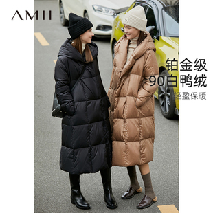 Amii极简90白鸭绒羽绒服2020冬季 新款 宽松连帽斜扣保暖长款 面包服