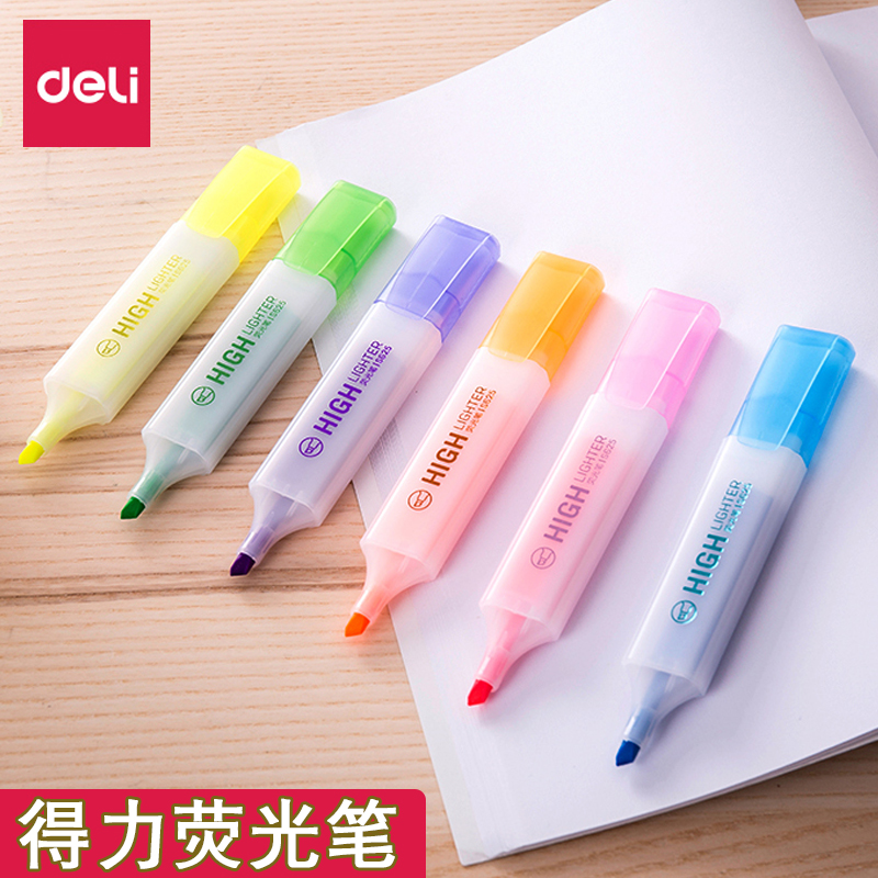 得力软头柔彩荧光笔马卡龙色系大容量手账笔学生用醒目重点标记笔