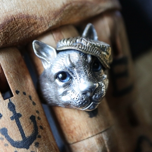 款 个性 铁头 绅士 绅士猫手工纯银戒指 店 酷酷 猫头银饰指环