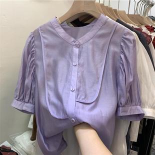 欧货夏季 新款 女上衣洋气紫色泡泡袖 天丝小衫 雪纺衬衫 立领短袖
