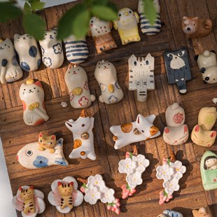 日本进口濑户烧纯手工陶土 手绘可爱猫咪 筷架笔架置物摆件 送礼