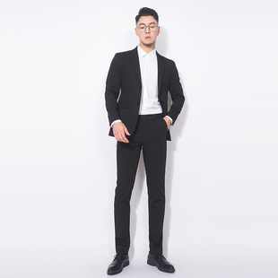 川泽男士 黑色西装 修身 西服套装 韩版 单排扣轻商务套西潮 二件套新款