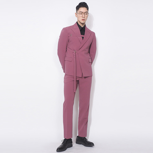 系扣时尚 二件套新款 浆果红西装 修身 个性 舞台西服套装 韩版 川泽男士