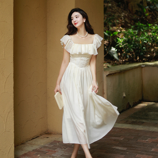 复古初恋连衣裙米白色一字肩显瘦仙女裙子气质超仙赫本风夏季 法式