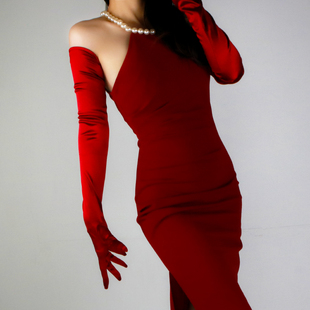 70cm弹性丝光珠光仿真丝绸缎面超长款 礼服酒红色深红色 丝绸手套