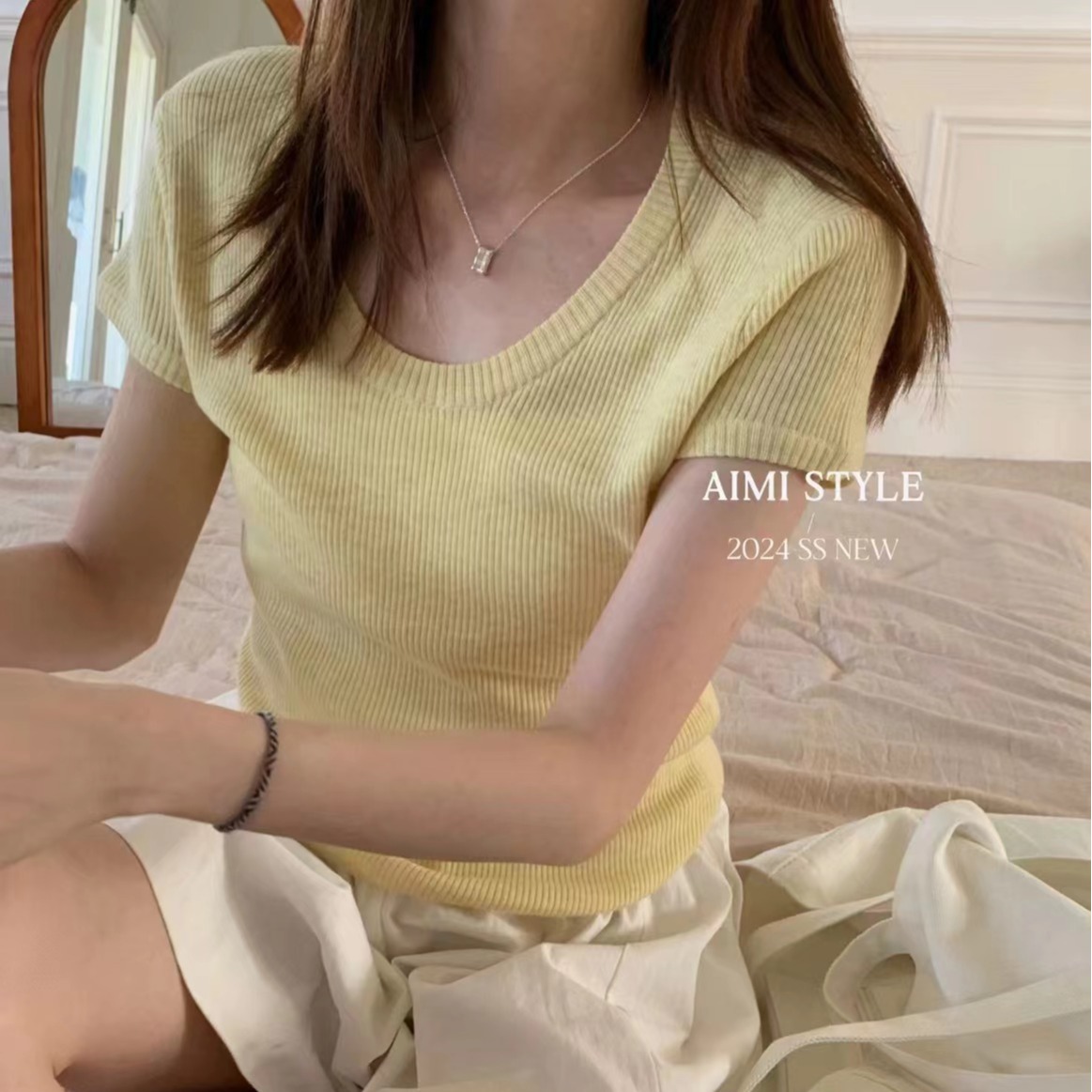 浅淡奶油黄色短袖 冰丝针织T恤杭州四季 青广州十三行女装 高端上衣