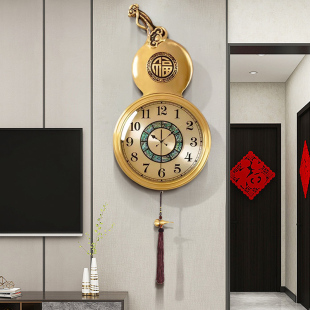 挂钟客厅纯铜轻奢创意福禄钟表家用玄关装 饰静音挂墙时钟 新中式