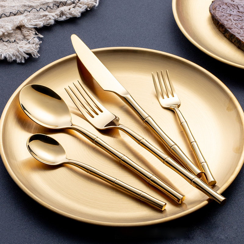 加厚金色西餐牛排刀叉套装 家用刀叉勺 竹节304不锈钢西餐餐具