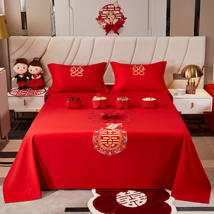 大红色刺绣床单结婚单件床笠女方婚嫁床上用品被单枕套三件套炕单