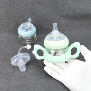 宝宝喝水训练玻璃小奶瓶6cm超宽口径婴幼儿手柄鸭嘴防漏水喝果汁