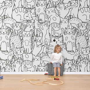定制墙纸现代简约墙布儿童房猫咪可爱图案壁纸童趣墙面映画壁布