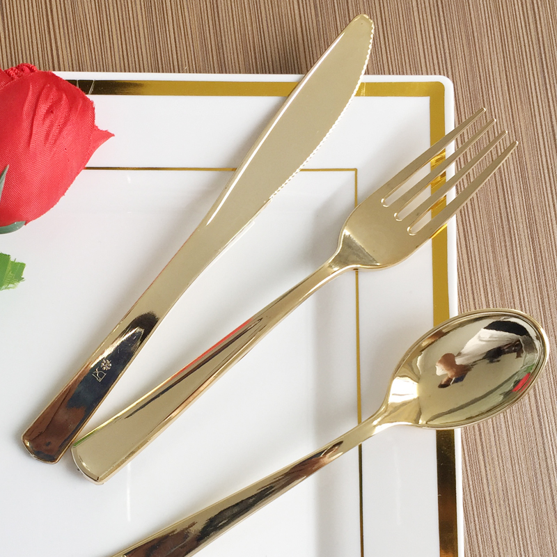 金色一次性塑料西餐刀叉勺牛排刀西式 餐具活动派对用品 独立包装