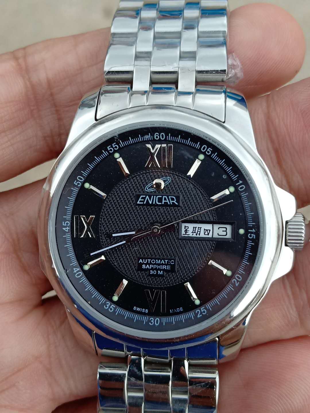 二手瑞士国际名表黑色盘面蓝宝石表镜机械腕表英纳格银色全钢手表