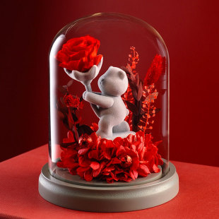 创意情人节礼物永生花玫瑰单膝表白植绒小熊玻璃罩送女友生日礼物