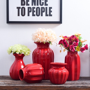 家居摆件干花花器插花新款 饰 中国红台面陶瓷装 红色喜庆结婚花瓶