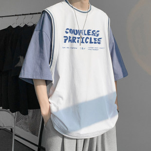 oversize拼接短袖 男潮牌小众设计感假两件t恤男宽松美式 半袖 体恤