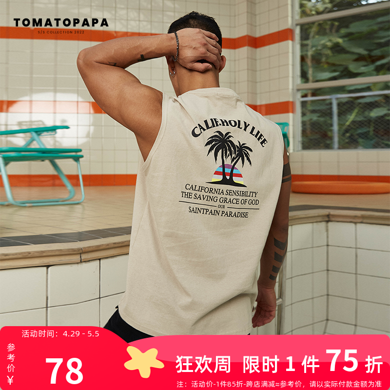 TOMATOPAPA夏季 原创新款 夏威夷坎肩字母背心男运动健身无袖 T恤潮