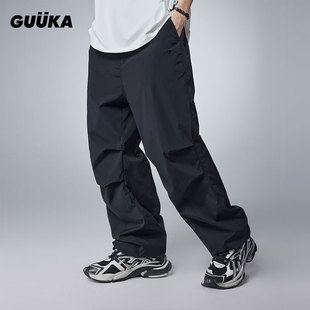 裤 男新款 GUUKA黑色直筒垂感工装 子宽松速干伞兵裤 男 青少年收褶裤