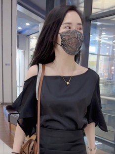设计感小众韩版 女2024春夏季 气质一字领显瘦上衣 新款 露肩缎面衬衫