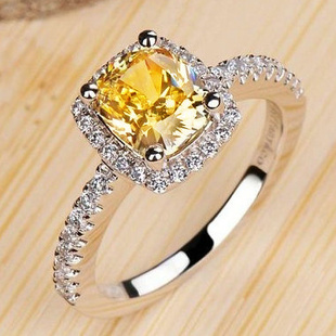 纯银微镶天然黄水晶宝石戒指女项链方钻石戒指女神新年情人节礼物