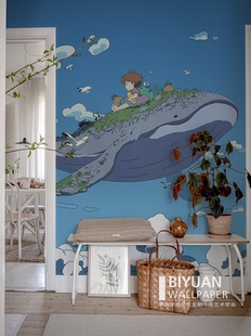宫崎骏鲸鱼漫画墙布儿童房无纺布定制墙布北欧卧室背景墙壁纸墙纸